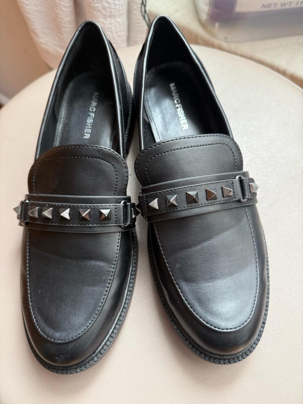 Marc Fisher Black Leather Studded Penny Loafers